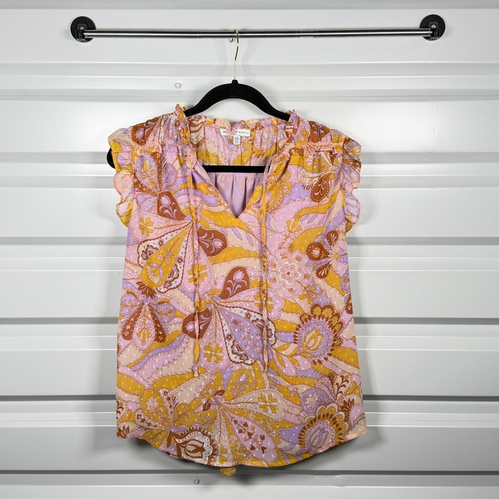 Maison d'Amélie Paisley Blouse Womens Medium Pink Yellow Ruffle Sleeve V-Neck